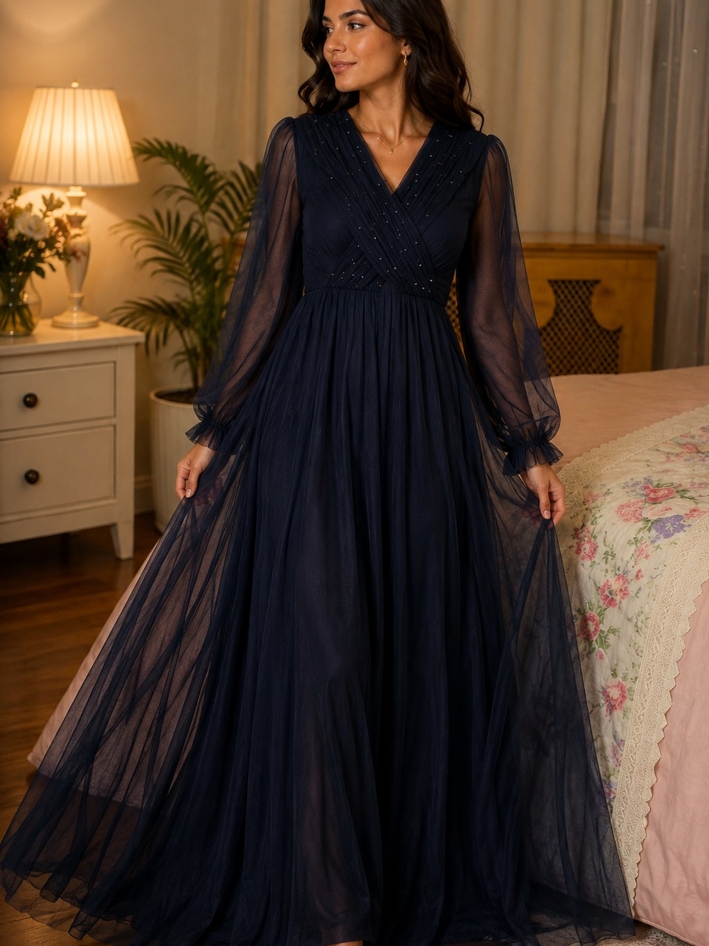 Elegant Navy Sheer Long Sleeve Maxi Dress